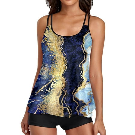 Womens Tankini Bathing Suits With Boyshorts Flowy U Neck Swim Tank Tops 2 Piece Full Coverage Modest Bathing Suit For Women Swim Suits Blue XXL