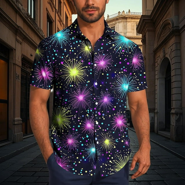 Blusa y camisa de manga corta con cuello vuelto para hombre, blusa informal de moda con cuello vuelto, blusa estampada de manga corta con botones, blusa de poliéster para hombre