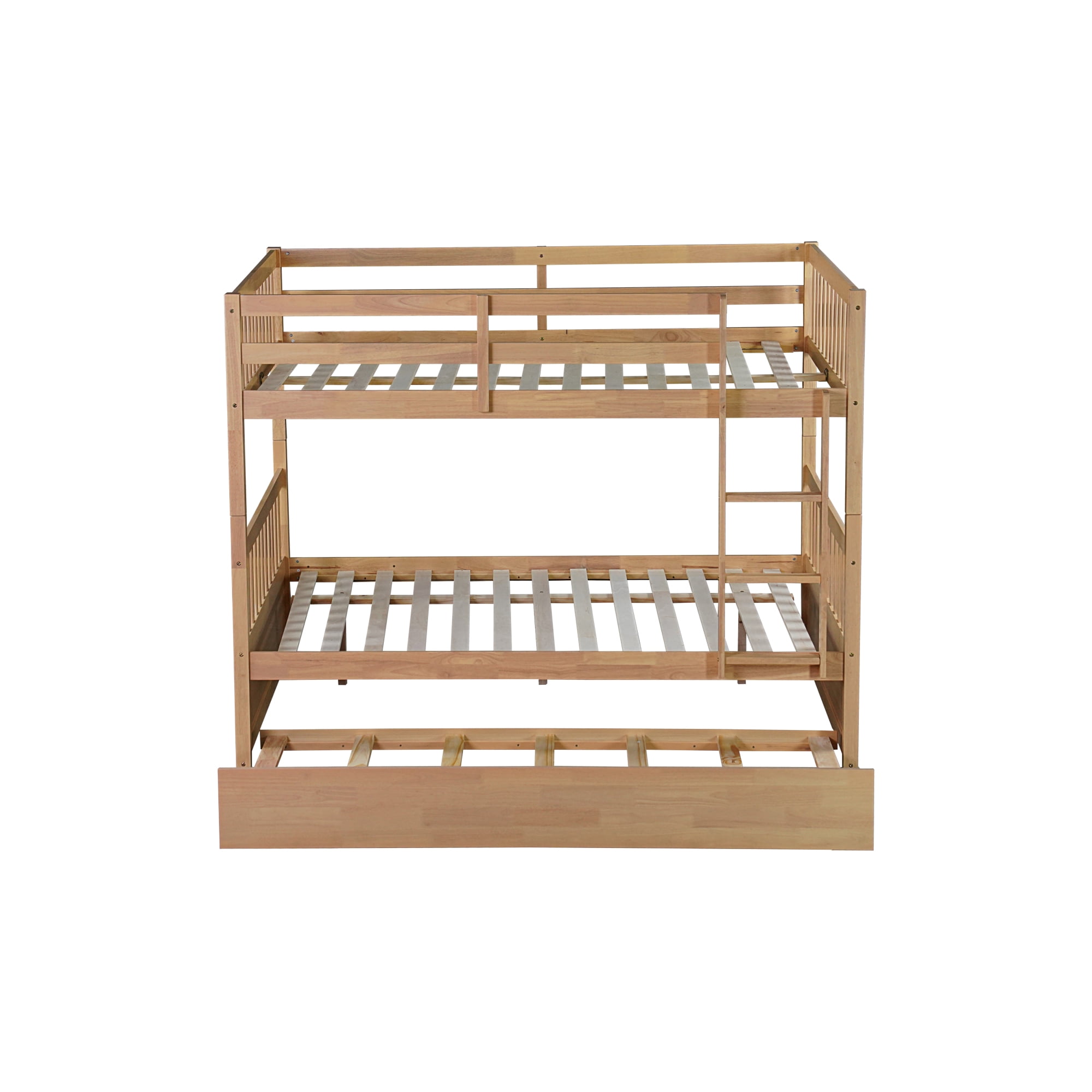 Leumius Full Over Full Size Bed Frame with Trundle, Ladder and Guardrails, Convertible to 2 Full Size Beds, Rubber Wood Bed with Twin Size Trundle for Boys Girls Natural