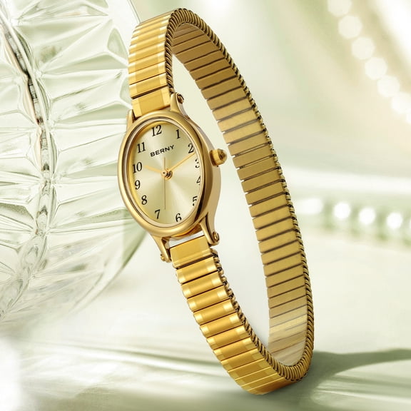 BERNY Gold Women's Watch, Oval Dial Analog Quartz Wristwatch with Expansion Stainless Steel Band, 30M Water Resistant, Elegant Ladies Dress Watch for Daily Wear (Gold)