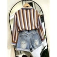 thumbnail image 2 of Women's French Boho Blue Brown Striped Draped Blouse Button Front Loose Fit Long Sleeve Top with Pocket for Layering with Necklaces, 2 of 3