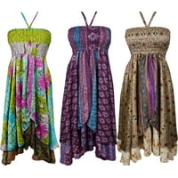 Mogul Wholesale Lot Of 3 Pcs Womens Halter Dress Recycled Silk Sari Vintage Two Layer Summer Delight Sundress