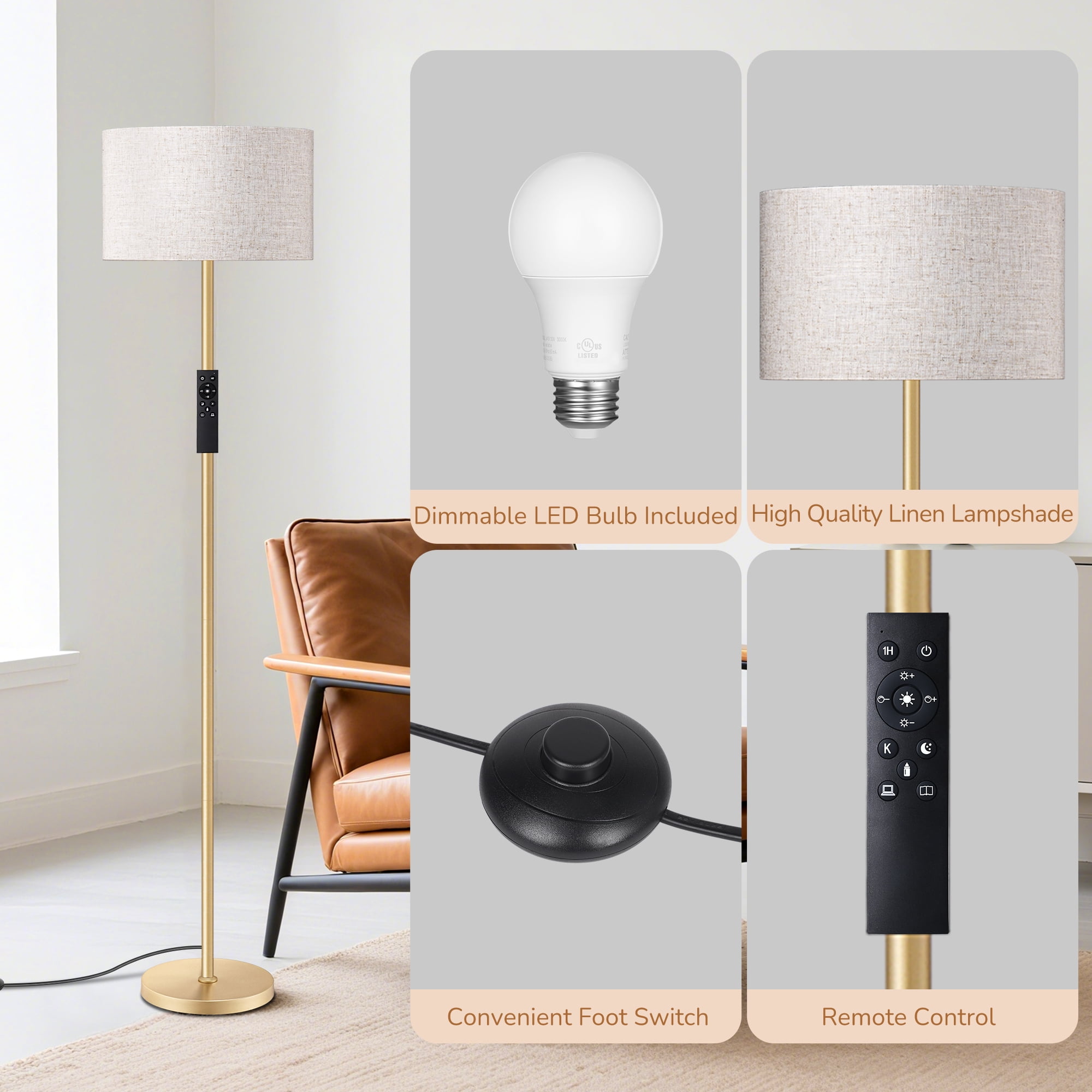EDISHINE 63.6'' Gold Floor Lamps for Living Room, With Remote Control And LED Bulb Included