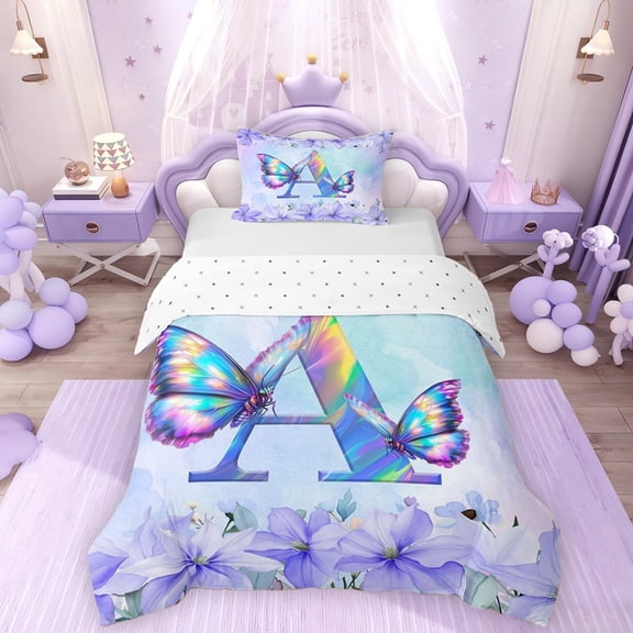 Erosebridal Purple Butterfly Twin Bedding for Girls, Garden Flower Floral Duvet Cover Set, Initial A, Reversible, 1 Duvet Cover and 1 Pillowcase (No Comforter)