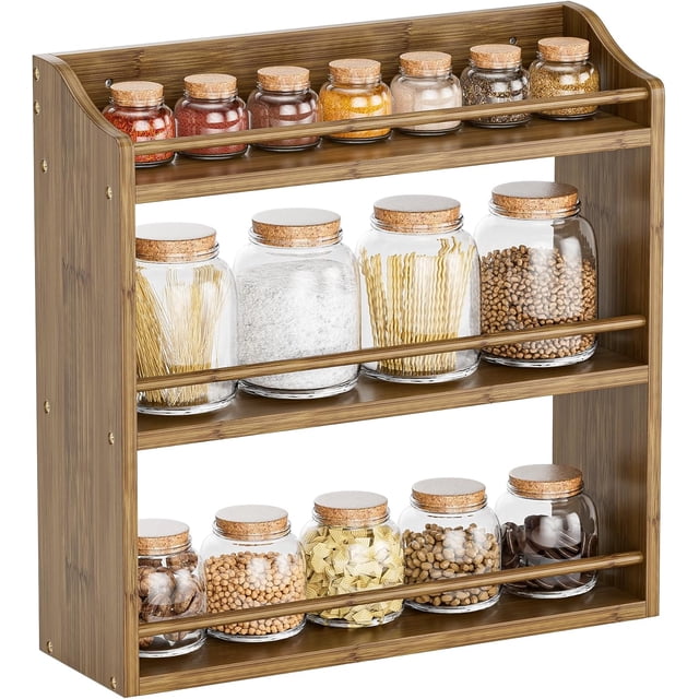 Spice Rack Wall Mounted Spice Organizer for Counter Bamboo Spice Storage Holder for Kitchen Cabinet Pantry (Spice Jars Not Included Natural)