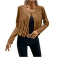 thumbnail image 2 of AOOCHASLIY Women Coat Women's Temperament Leather Velvet Tassel Trim Button Placket Jacket Solid Color Long Sleeved Tassel Jacket Cardigan, 2 of 5