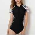 thumbnail image 4 of Defitshape Women's Zip Rash Guard Shirt Short Sleeve Rashguard Swimsuit One Piece Bathing Suit Surfing Modest Swimwear for Teen Girl Striped Floral Tropical Black 1 X-Large, 4 of 5