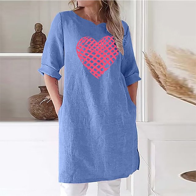 Pisexur Robe à Manches Courtes à Col en V Femmes Manches Longues Décontractée Manches Col en V Imprimée Robes Mi-Longues Robe Ample Femmes blouse