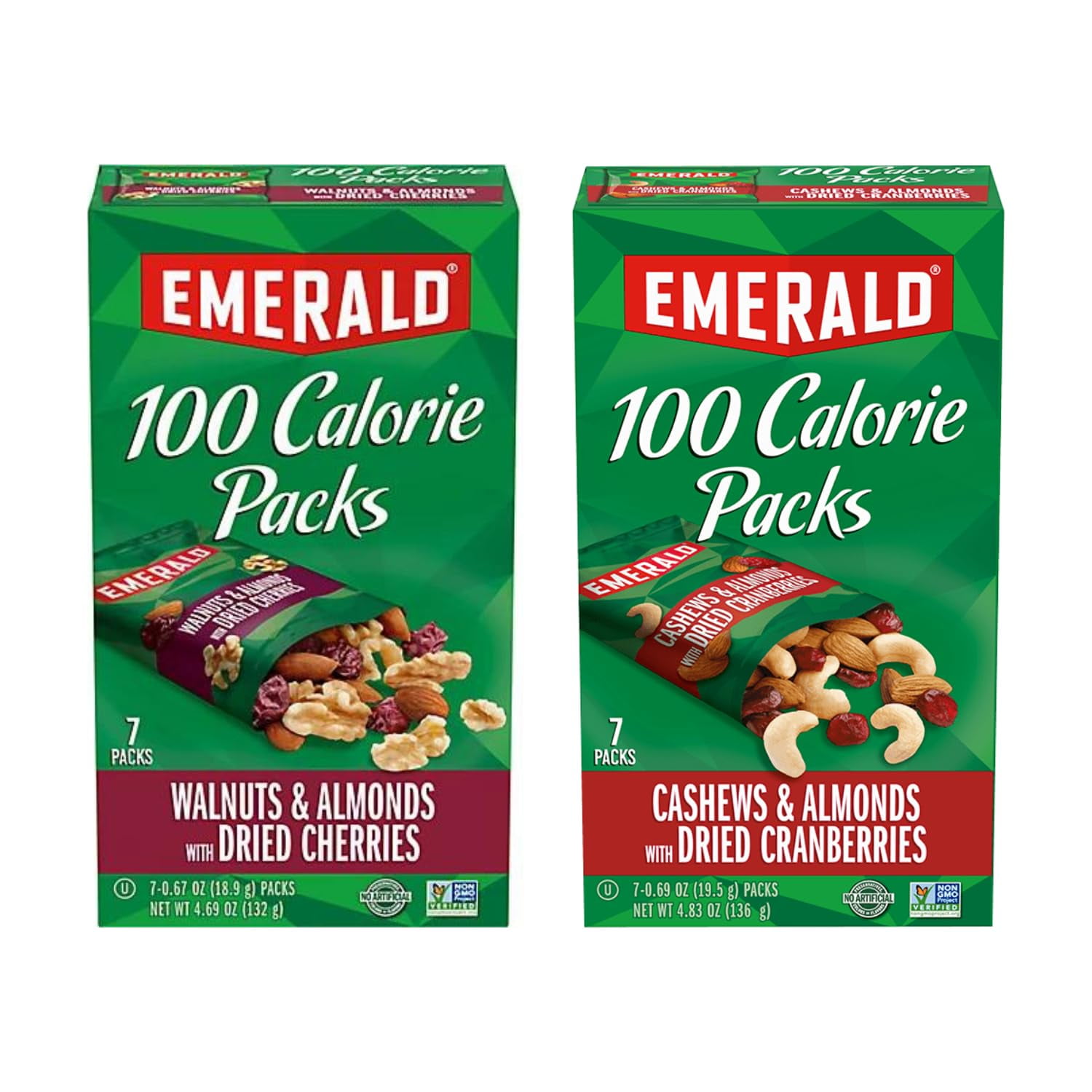 Emerald Nuts Cashews & Almonds with Dried Cranberries 5.83 Oz + Walnuts & Almonds with Dried Cherries 5.69 Oz Variety Pack