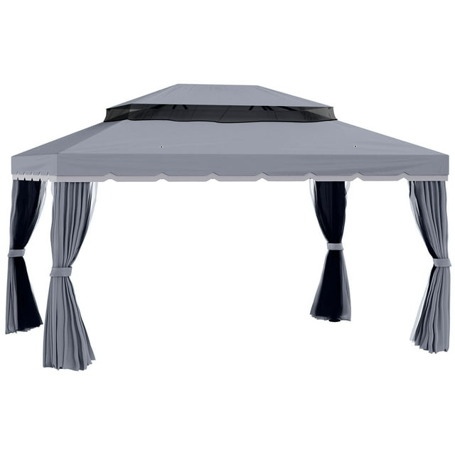 Outsunny Pavillon de Terrasse 13 Pieds x 10 Pieds, Abri de Jardin Extérieur à Double Toit avec Moustiquaire et Rideaux, Cadre en Aluminium Robuste, Gris Foncé