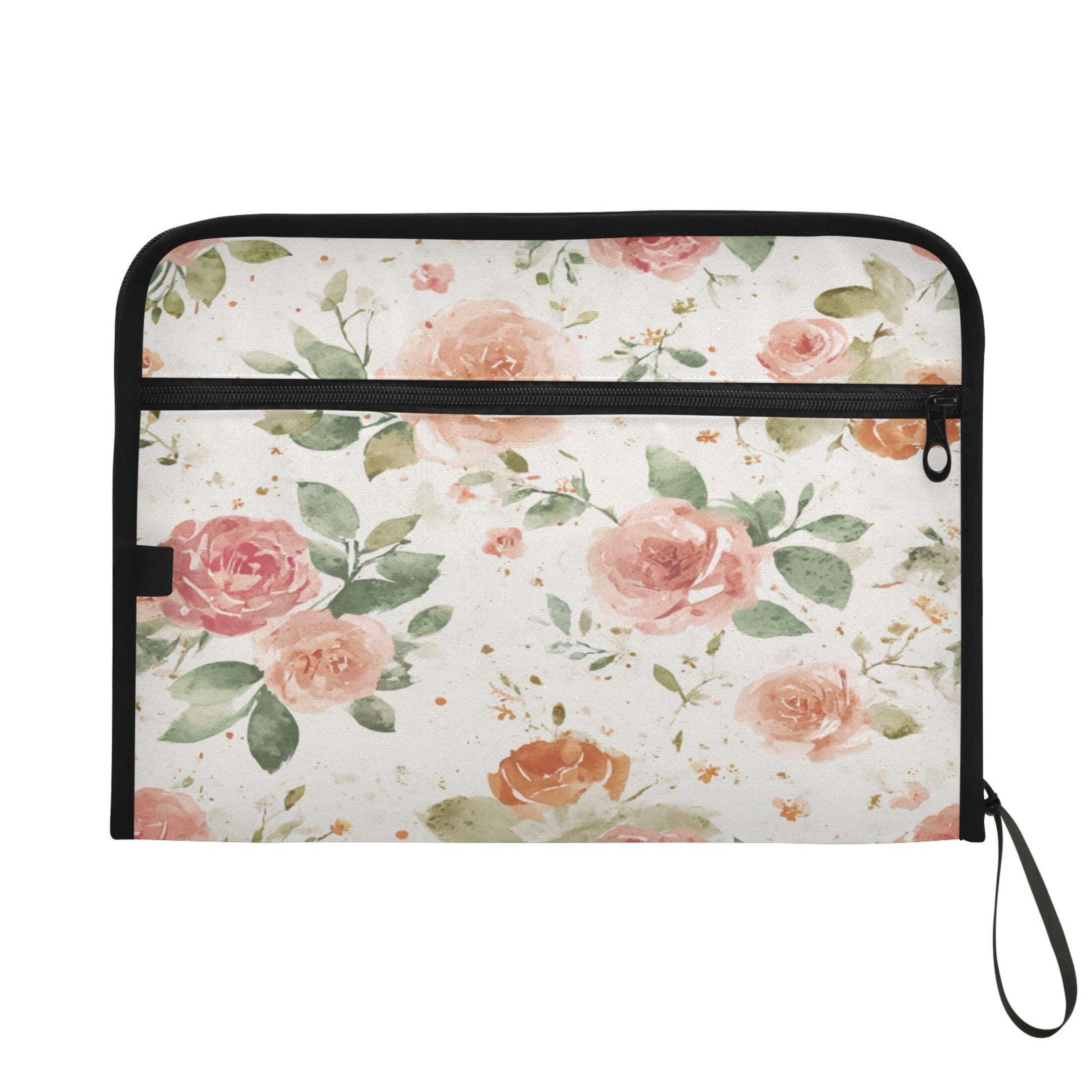 Accordion File Organizer with Zip Closure 13 Pockets Expanding File Folder Letter A4 Paper Document Organizer for Home Office Watercolor Rose Floral Pattern