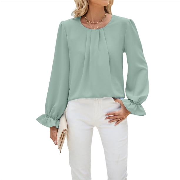 Camisa de Holgada de Larga con Cuello Redondo y Color Liso para Mujer, Elegante y A . Verde XXL
