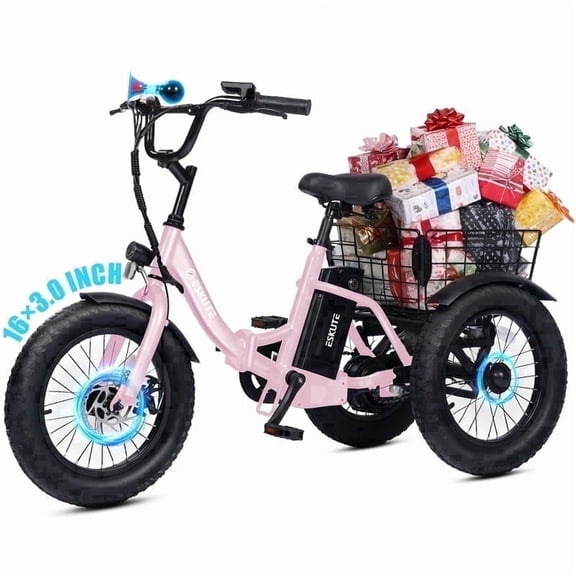 ESKUTE T300mini Electric Tricycle for Beginners, 16" x 3.0 Fat Tire Folding 3-Wheel E-Bike, 250W Motor 12 MPH, 302Wh Battery, Step-Thru, Pink, UL2849