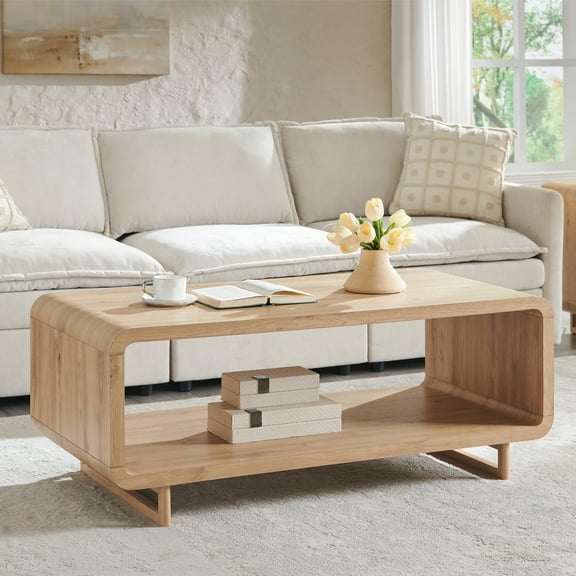 SinCiDo Modern Coffee Table with Storage Shelf, 2-Tier Wooden Rectangular Minimalist Center Table, Curved Profile Design for Living Room, Office, Natural