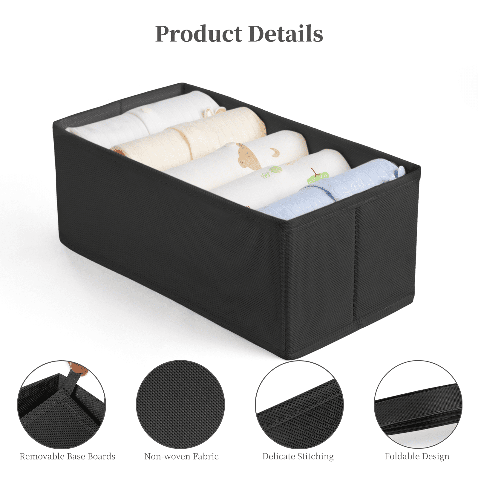 Criusia Drawer Organizer Clothes, Foldable Closet Organization and Storage for Nursery, Bedroom, Black