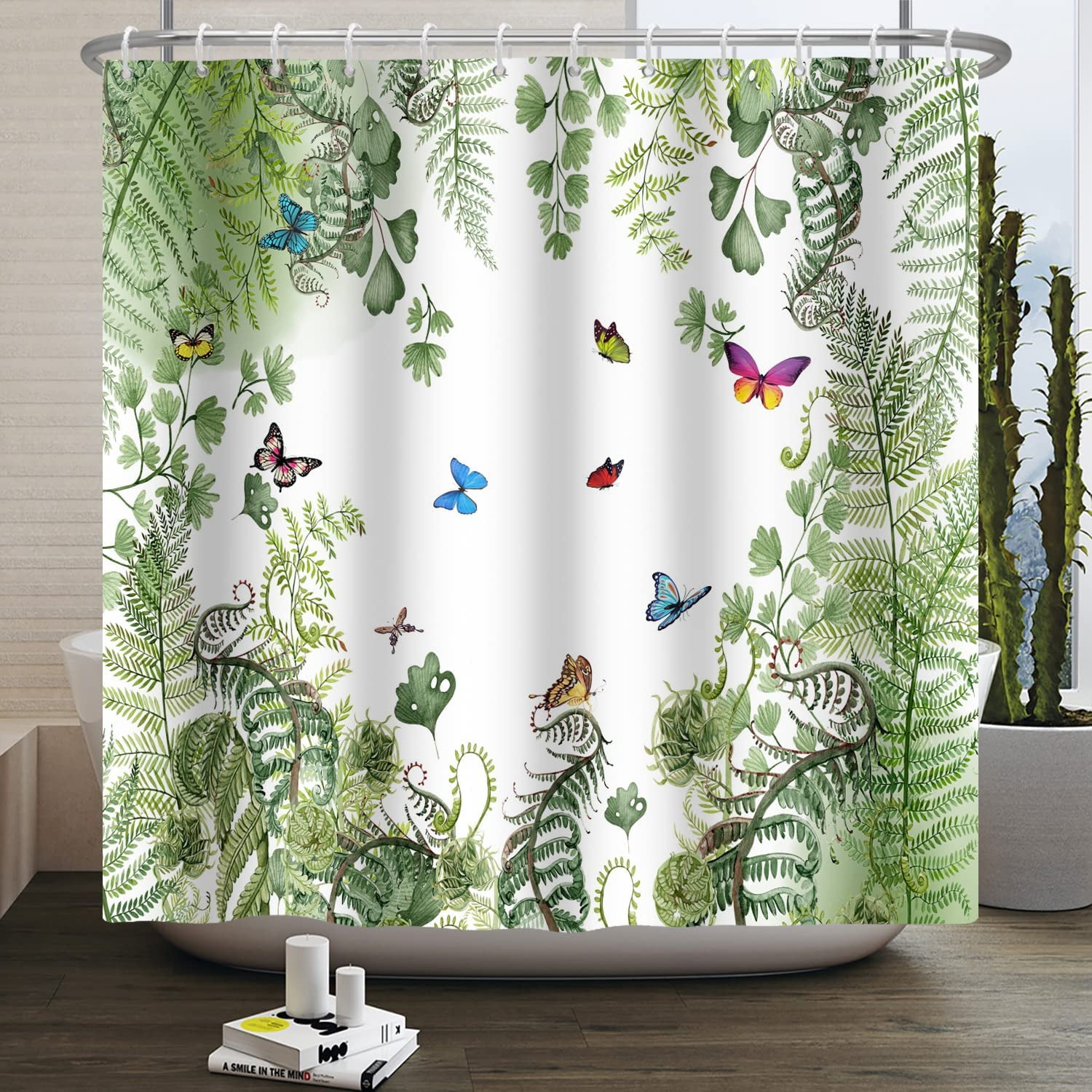 Botanical Plant Shower Curtain Green Leaves Butterfly Shower Curtain