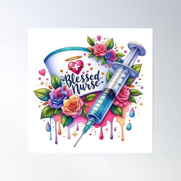 Healing Hands – Nurse Cap & Floral Syringe Art Poster Wall Art, Modern Wall Decor, 8x12 UNFRAMED