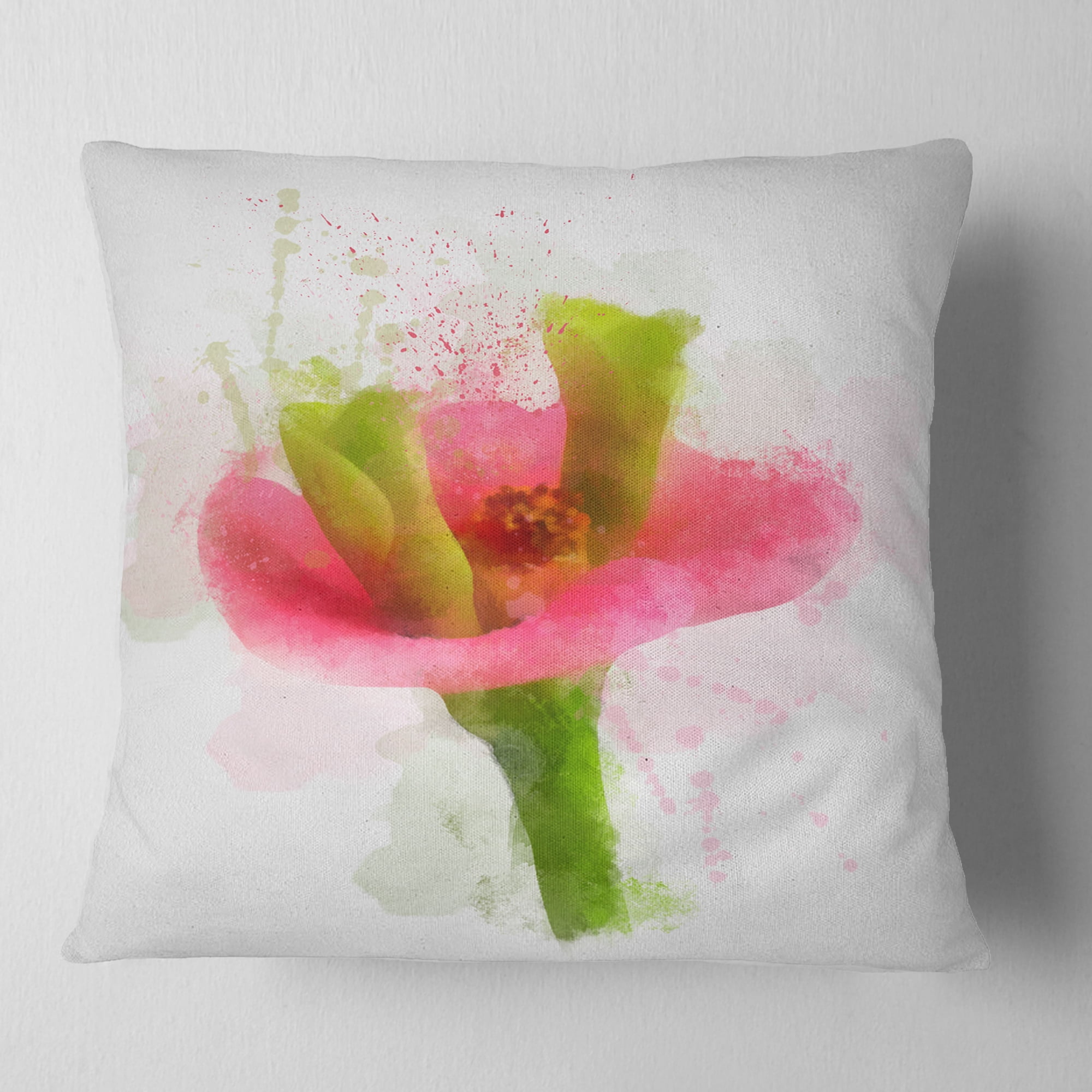 Designart Green Red Flower Sketch Watercolor - Floral Throw Pillow - 16x16