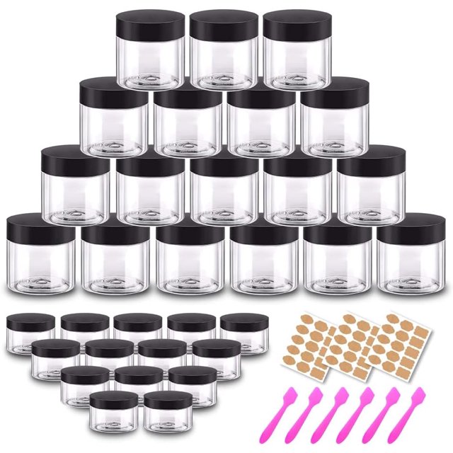 2oz Plastic Jars with Lids 24pcs + 24pcs 20 Gram Sample Containers 48 Pack Small Round Cosmetic Containers Travel Jar for Cream, Body Butter, Eye Shadow, Rhinestone, Lip Scrub - Free Labels & Spatulas