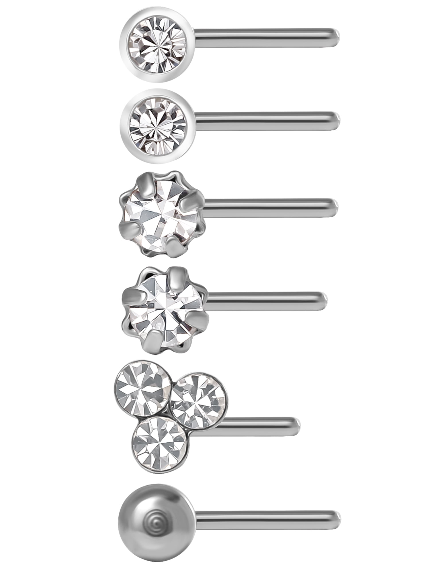Women's Stainless Steel L-Shaped Nose Studs with Clear Crystal Value Pack