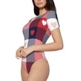 thumbnail image 2 of Haiem Heart Plaid Women's Crew Neck Short Sleeve Bodysuit Tops Stretchy Slim Basic-Medium, 2 of 9