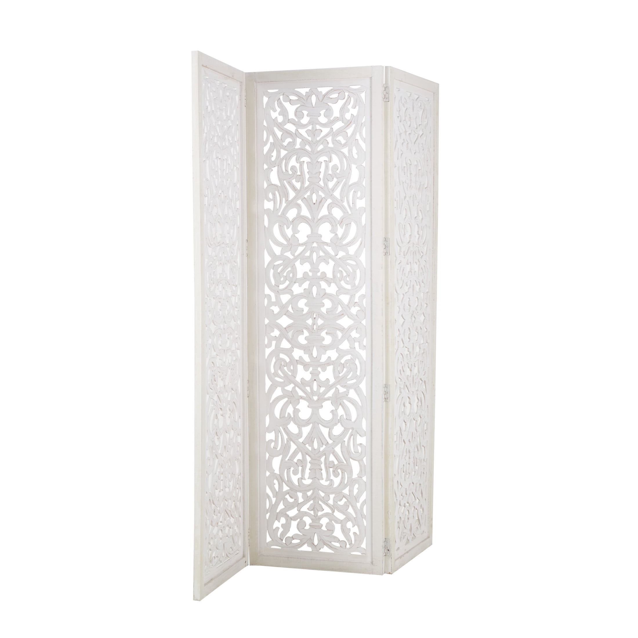 DecMode 60" x 69" White Wooden Floral Handmade Foldable Partition 3 Panel Room Divider Screen with Carved Design, 1-Piece