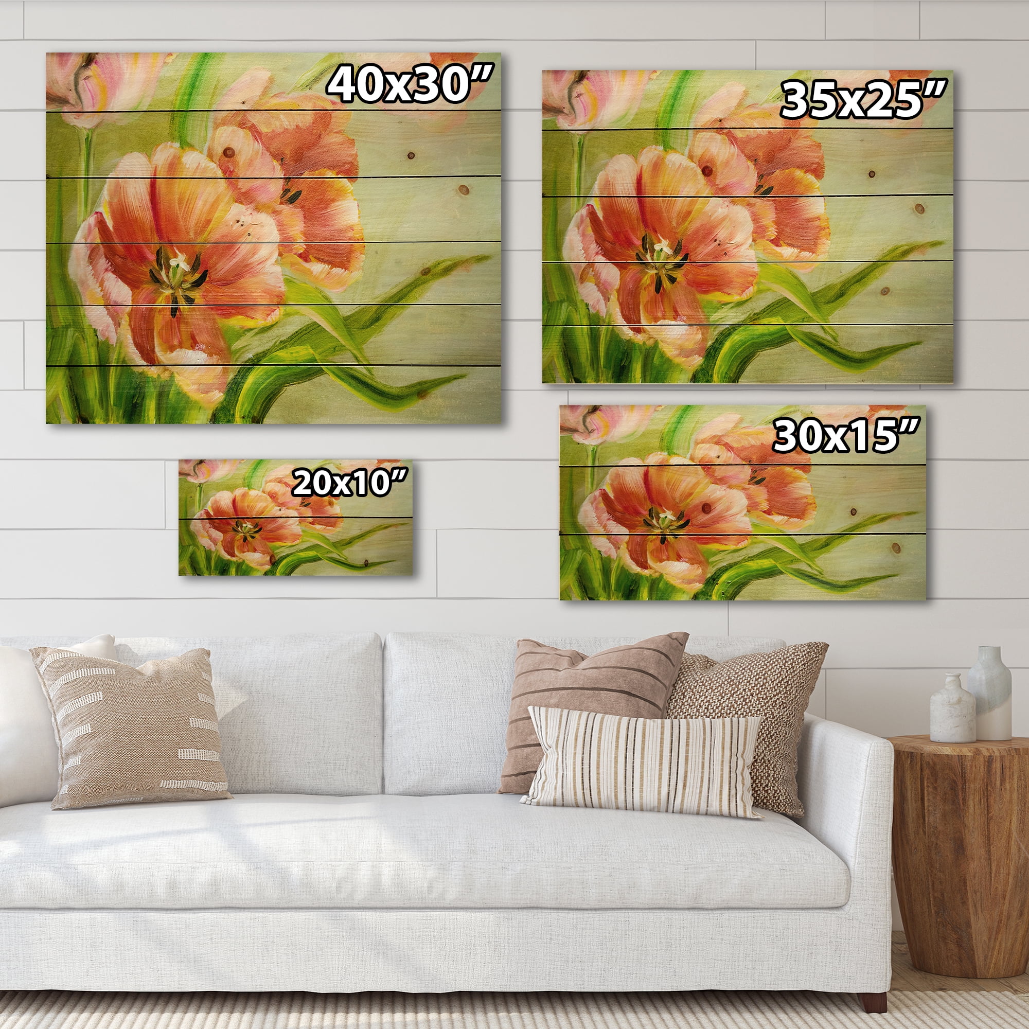 Designart 'Ancient Red Tulips Flowers II' Traditional Print on Natural Pine Wood