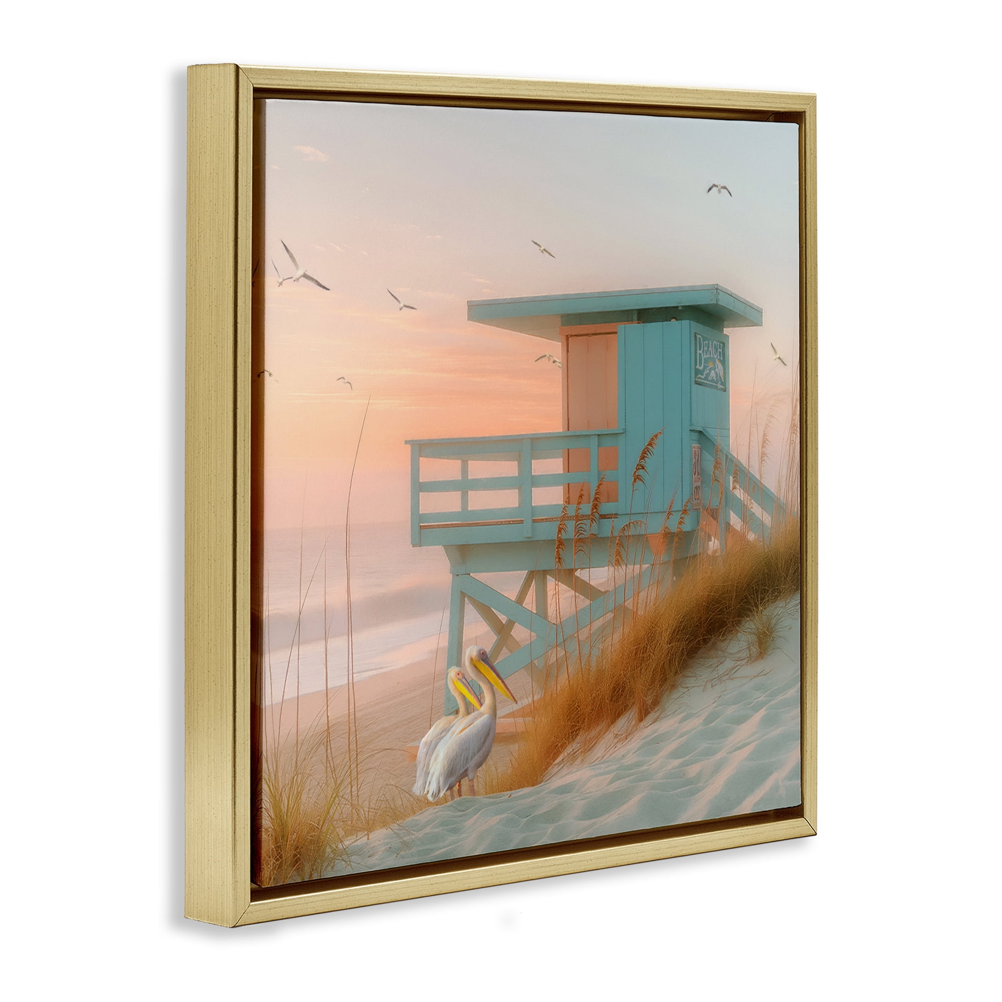 Stupell Industries Coastal Charm Beach Hut Coastal Painting Gold Floater Framed Canvas Art Print Wall Art, 18 x 18