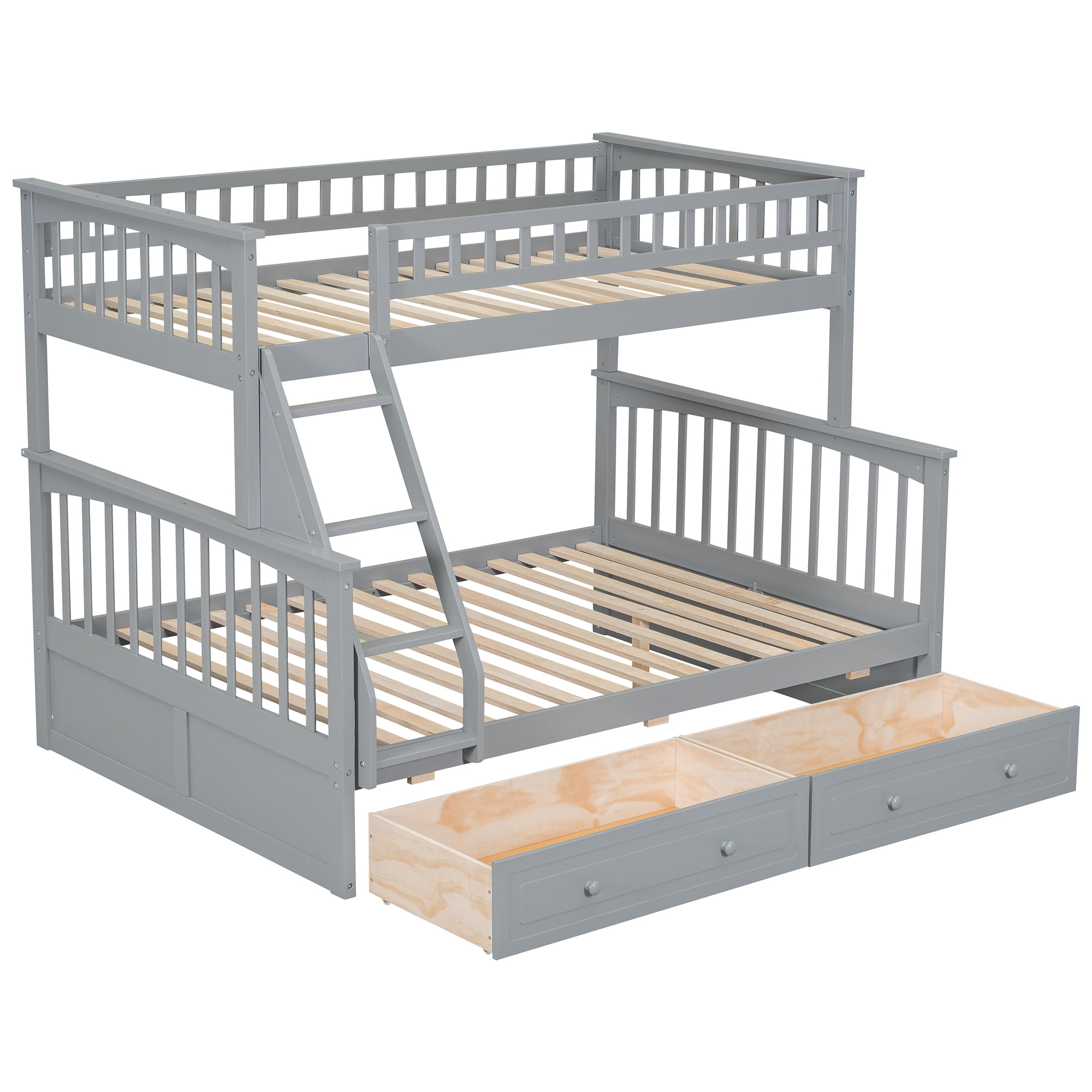 Euroco Wood Twin over Full Bunk Bed with Drawers, Convertible Two Beds in One, Gray