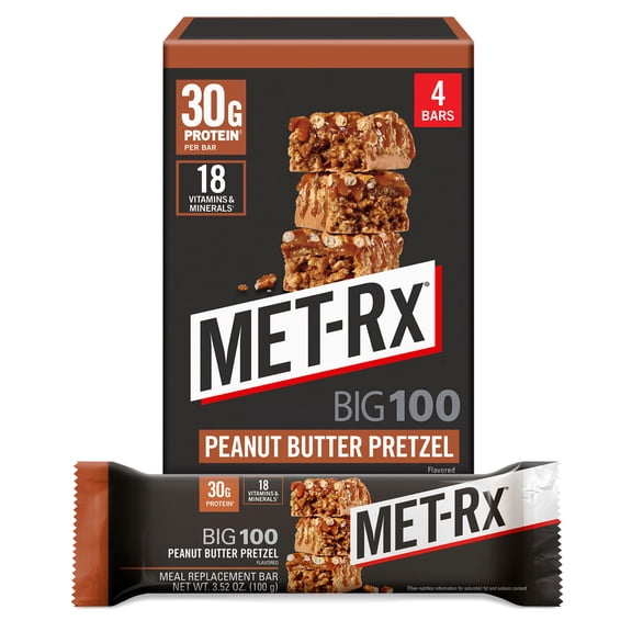 MET-Rx Big 100 High Protein Meal Replacement Bars, Peanut Butter Pretzel, 30g Protein, 3.52 oz, 4 Count