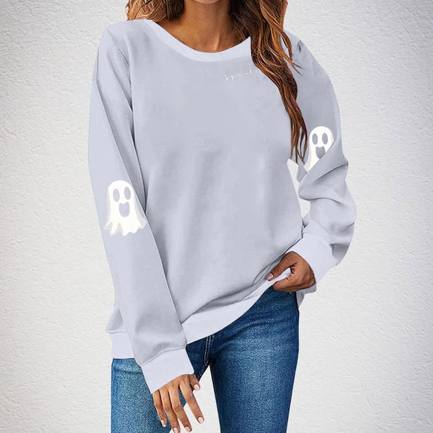 Ailaofu Women's Ghost Skull Crop Sweatshirt Fall Halloween Long Sleeve Pullover Spooky Season Sweatshirt