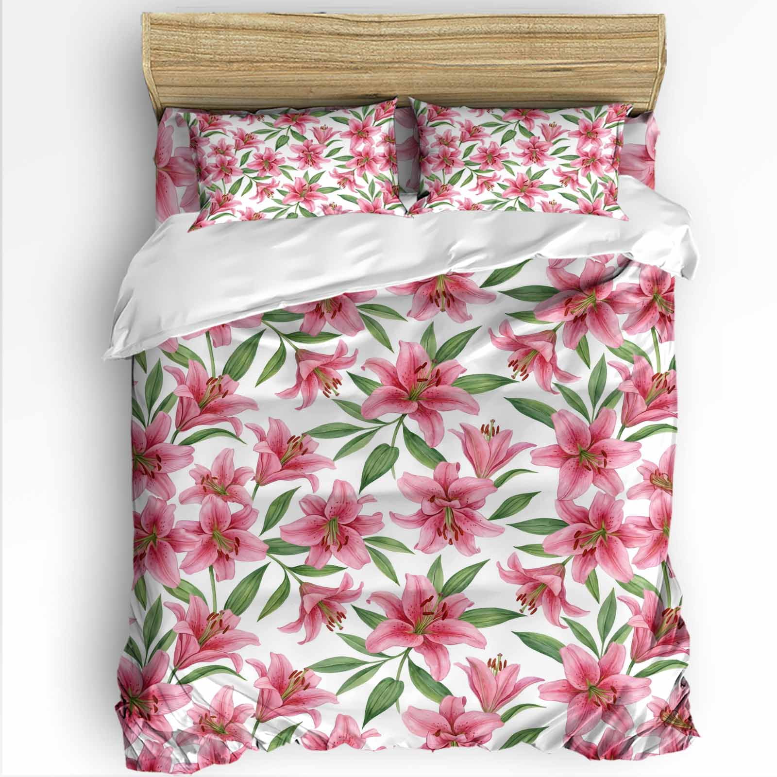 Summer Lily Queen Duvet Cover Set, Watercolor Pink Flower Pastoral Style 4 Piece Microfiber Bedding Set with Zipper Closure, Bed Sheet and 2 Pillow Shams, Soft Bedding Cover