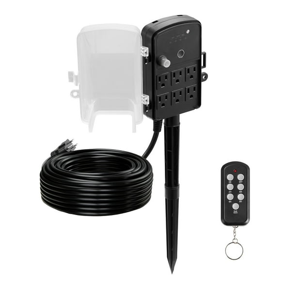 KFFKFF Outdoor Power Stake, 100FT Extension Cord, Outdoor Power Strip Weatherproof with Cover, Remote Control Dusk to Dawn Light Timer Waterproof, 6 Outlets, 1625W/13A