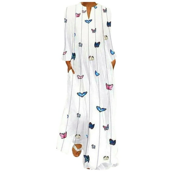 2023 Dress Fashion New Benchmark HIMIWAY Women's Fashion Retro Butterfly Print V-neck Long Sleeve Pocket Dress White 4XL