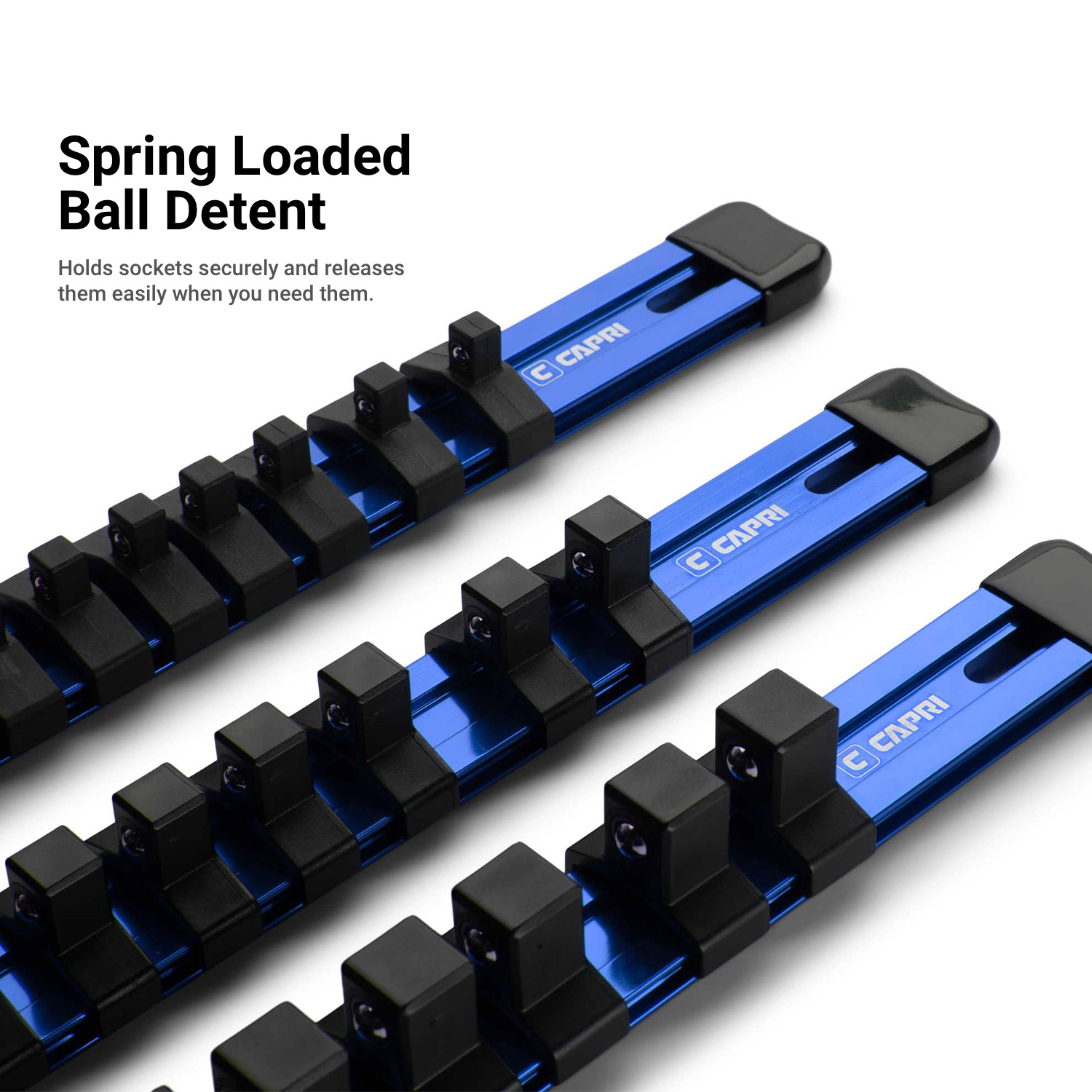 Capri Tools Aluminum Socket Rail Set, 1/4", 3/8" and 1/2" Drive, 17" Long, Blue, 3-Piece Rail with 58 Socket Clips - image 4 of 7