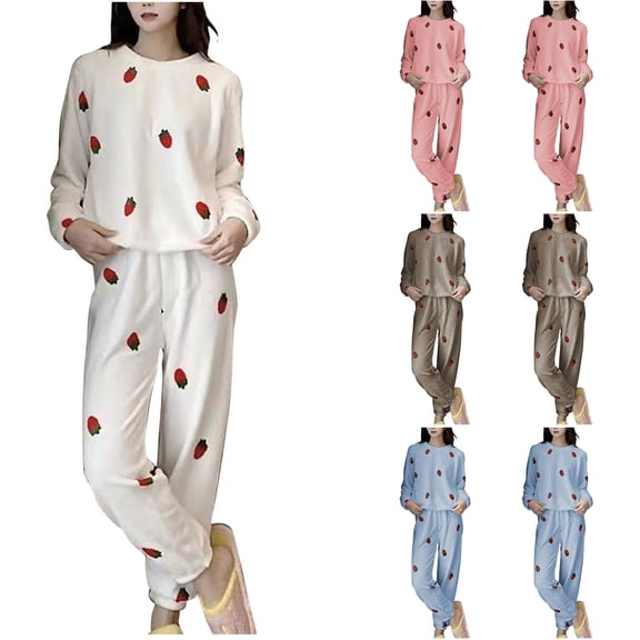 THDHVS Fall Pajamas Women,Lounge Sets for Women,Women's Flannel Long-Sleeve Button Front Shirt and Pant Pajama Set White Free Size