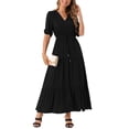 thumbnail image 2 of Vestido Casual de Mujer INSPIRE CHIC con Escote en V, Manga Corta, Cintura con Cordón, Diseño en Capas, Abertura, Corte A, Maxi Vestido con Bolsillos, Talla S, Negro, 2 of 6