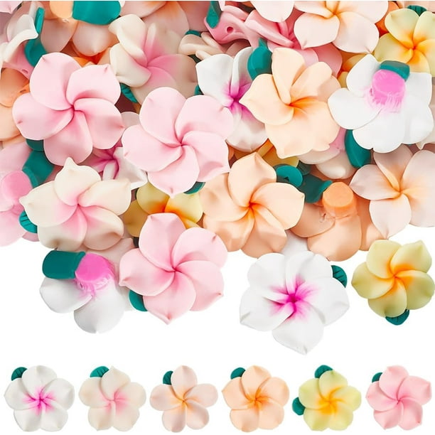 1 caja de 60 cuentas de arcilla hawaiana de 25 mm con forma de flor, surtidas en rosa y amarillo.