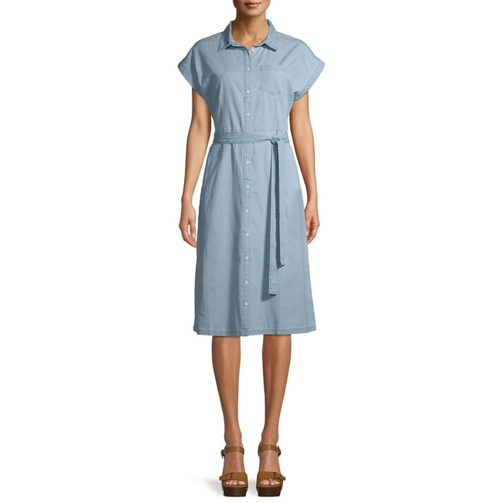 Time and Tru Women's Denim Belted Midi Shirt Dress - Walmart.com