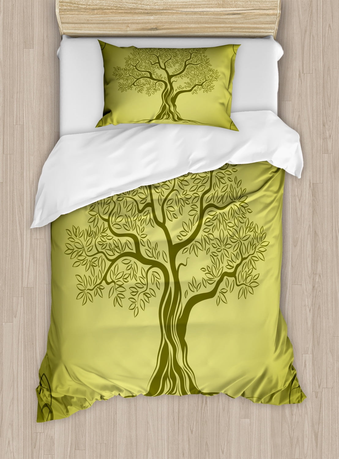 Olive Green Duvet Cover Set, Mediterranean Olive Tree Silhouette with Ornamental Frame Nature