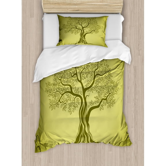 Olive Green Duvet Cover Set Twin Size, Mediterranean Olive Tree Silhouette with Ornamental Frame Nature Inspirations, Decorative 2 Piece Bedding Set with 1 Pillow Sham, Olive Green, by Ambesonne