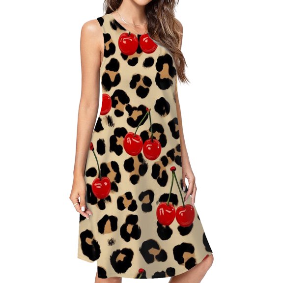 Cherries Leopard Print Seamless Pattern Dress Elegant Party Dresses Evening Dresses Women Dress Sleeveless Dress Ladies Dresses