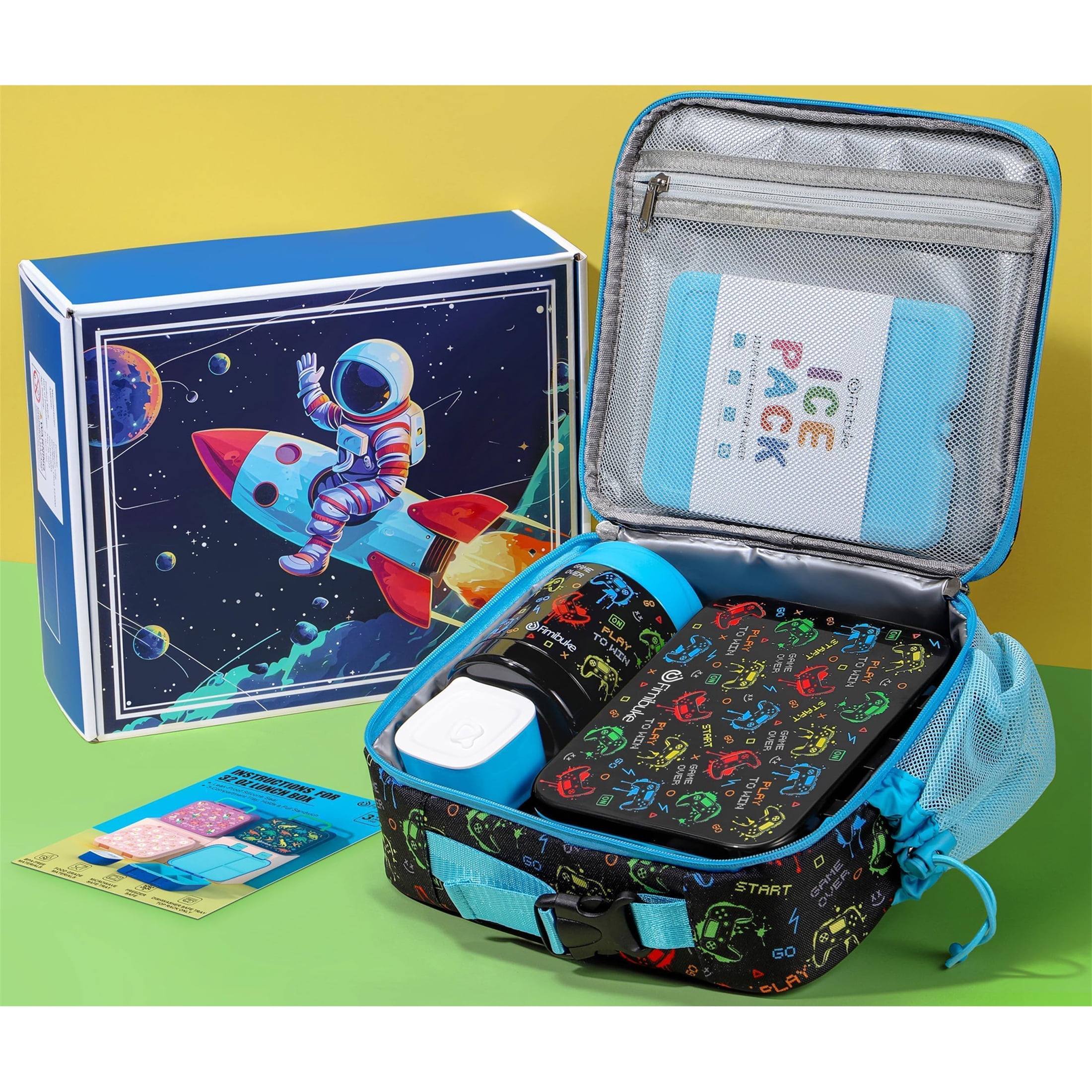 Bento Lunch Box 3-Compartment 32OZ Snack Lunch Container, Lunch Bag, 12OZ Insulated Food Jar & Ice Pack Set for School, Work, Travel, or Picnic (Game)