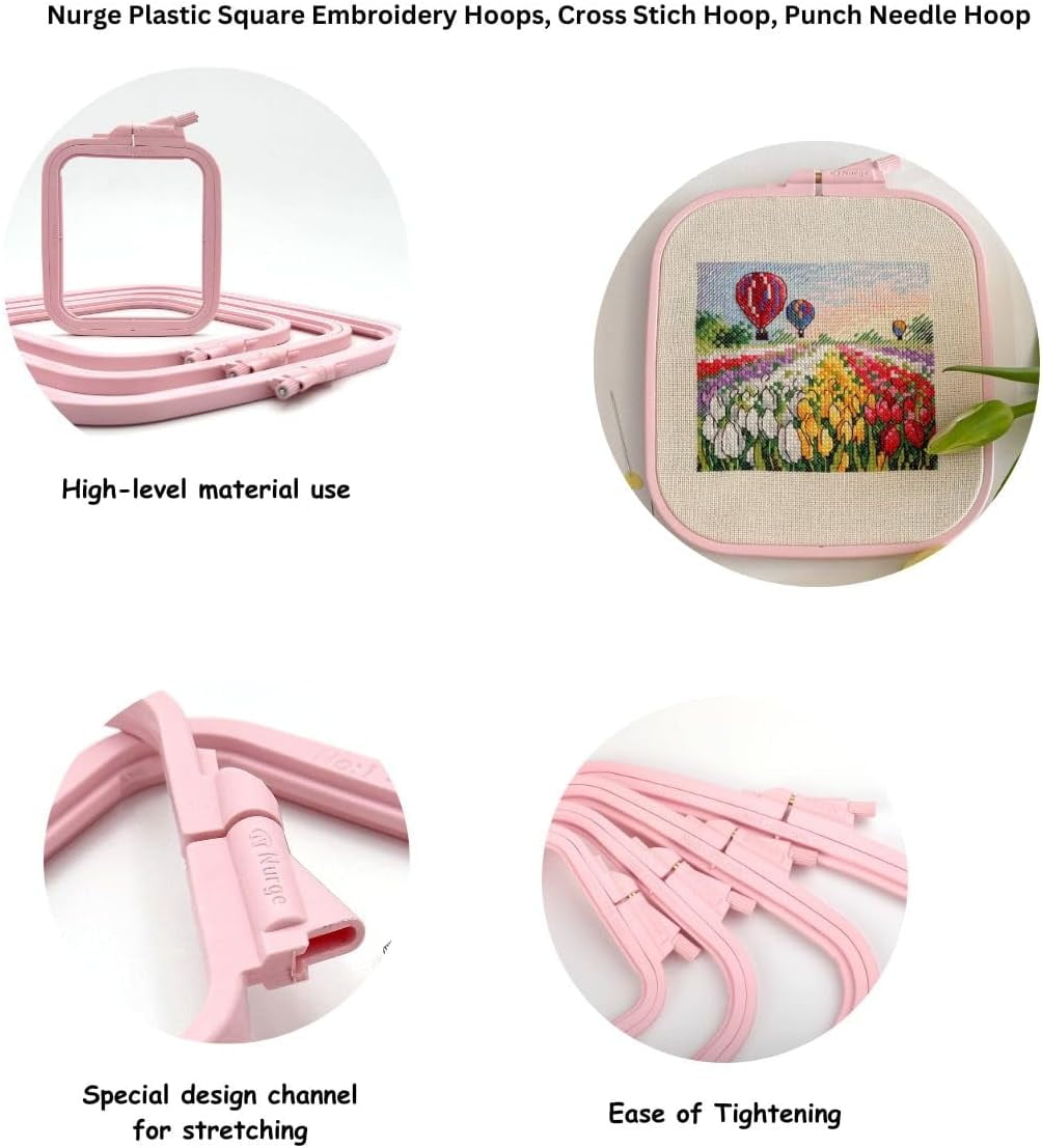 Nurge 4-Piece Square Embroidery Hoop Set, ABS Plastic, Multi-Size, Pink