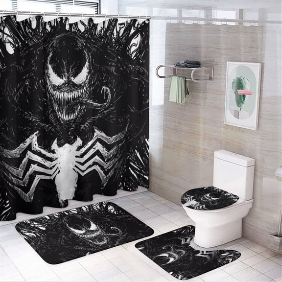 Ven0m 4Pcs Family Shower Curtain Sets with Non-Slip Rugs, Toilet Lid Cover and Bath Mat, Black Home Bathroom Decor Set Accessories Waterproof Shower Curtains with 12 Hooks, 72 x 72 Inch