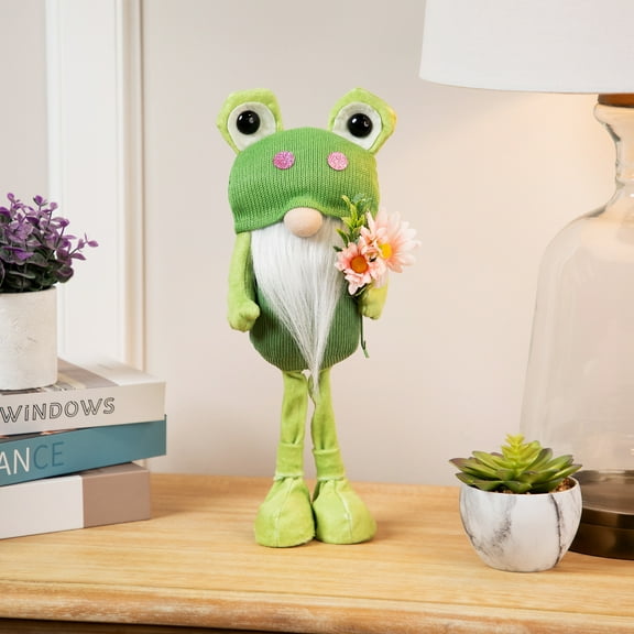 Standing Spring Gnome with Glittered Frog Hat - 14.5" - Green and White