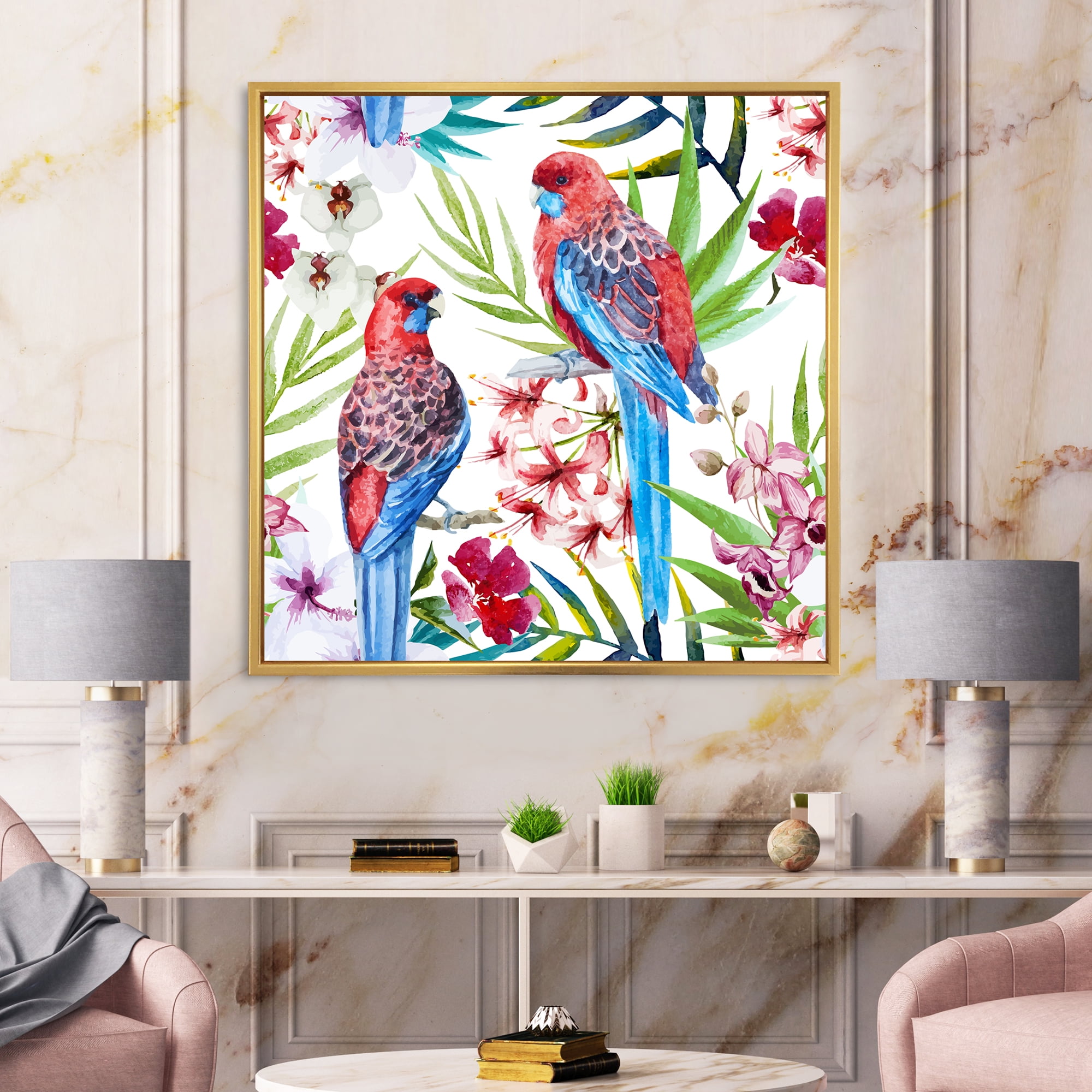Designart 'Rosella Birds Sitting On Flowers Tree Branch' Traditional Framed Canvas Wall Art Print