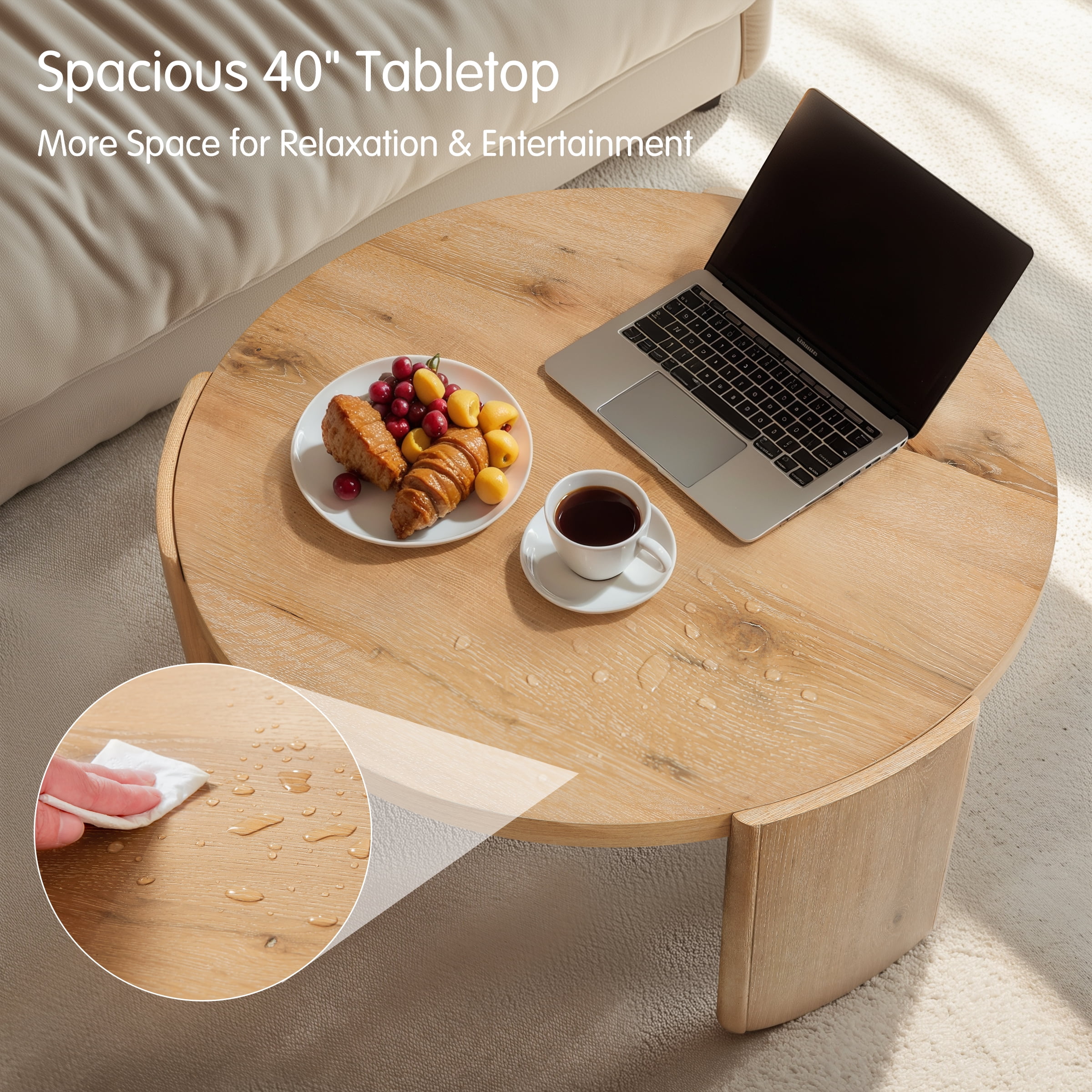 CHUN YI 40" Round Coffee Table, Natural Wood Grain Finish, Modern Center Table for Living Room