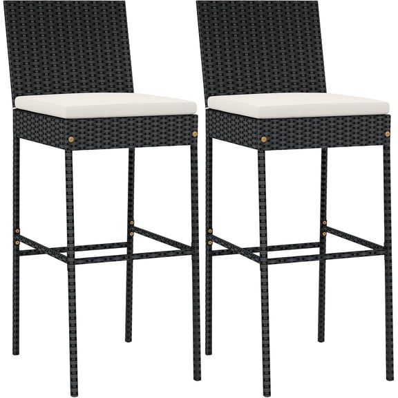 Outdoor Wicker Bar Stools Set of 2, 30'' Patio Bar Height Chairs with Cushion, Footrest and Backrest, Rattan Barstools for Backyard Poolside Deck (Black)