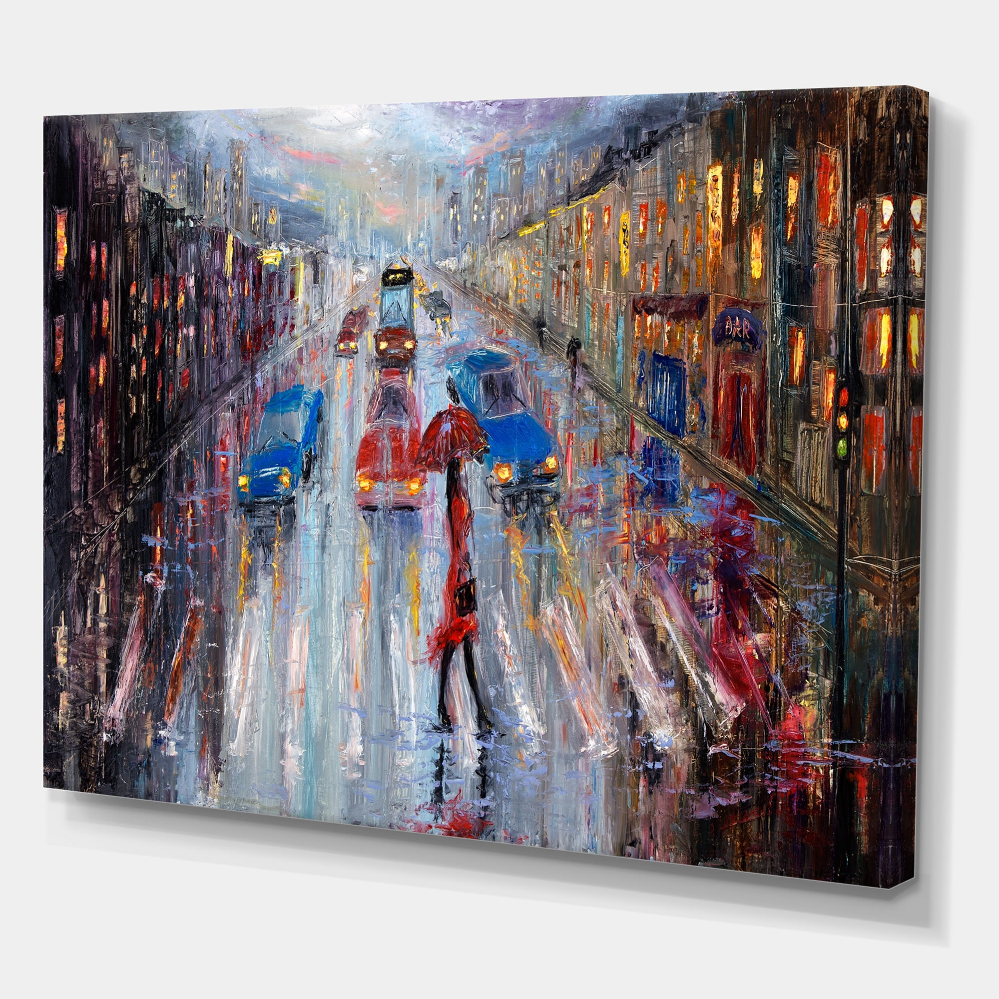 Designart ' Girl In Red Crossing The Street ' Traditional Canvas Wall Art Print
